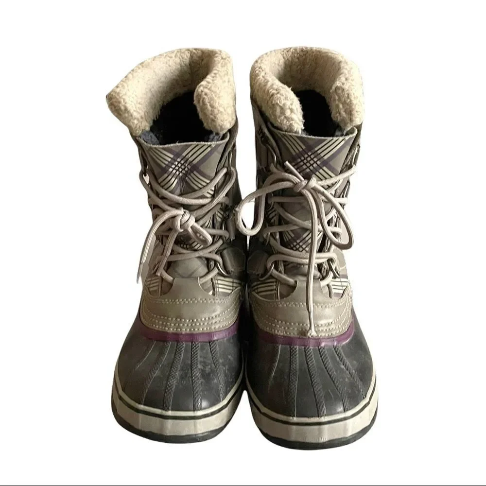 SOREL 1964 PAC Women’s Lace Up Winter Waterproof Snow Boots Grey Purple Plaid 7